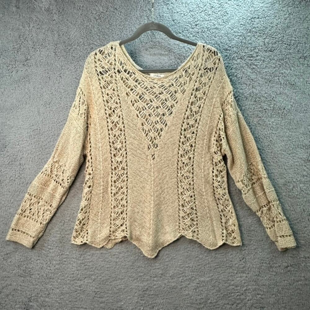 Umgee Large Loose Knit Beige Long Sleeve Sweater Casual Boho Hippy Comfort EUC